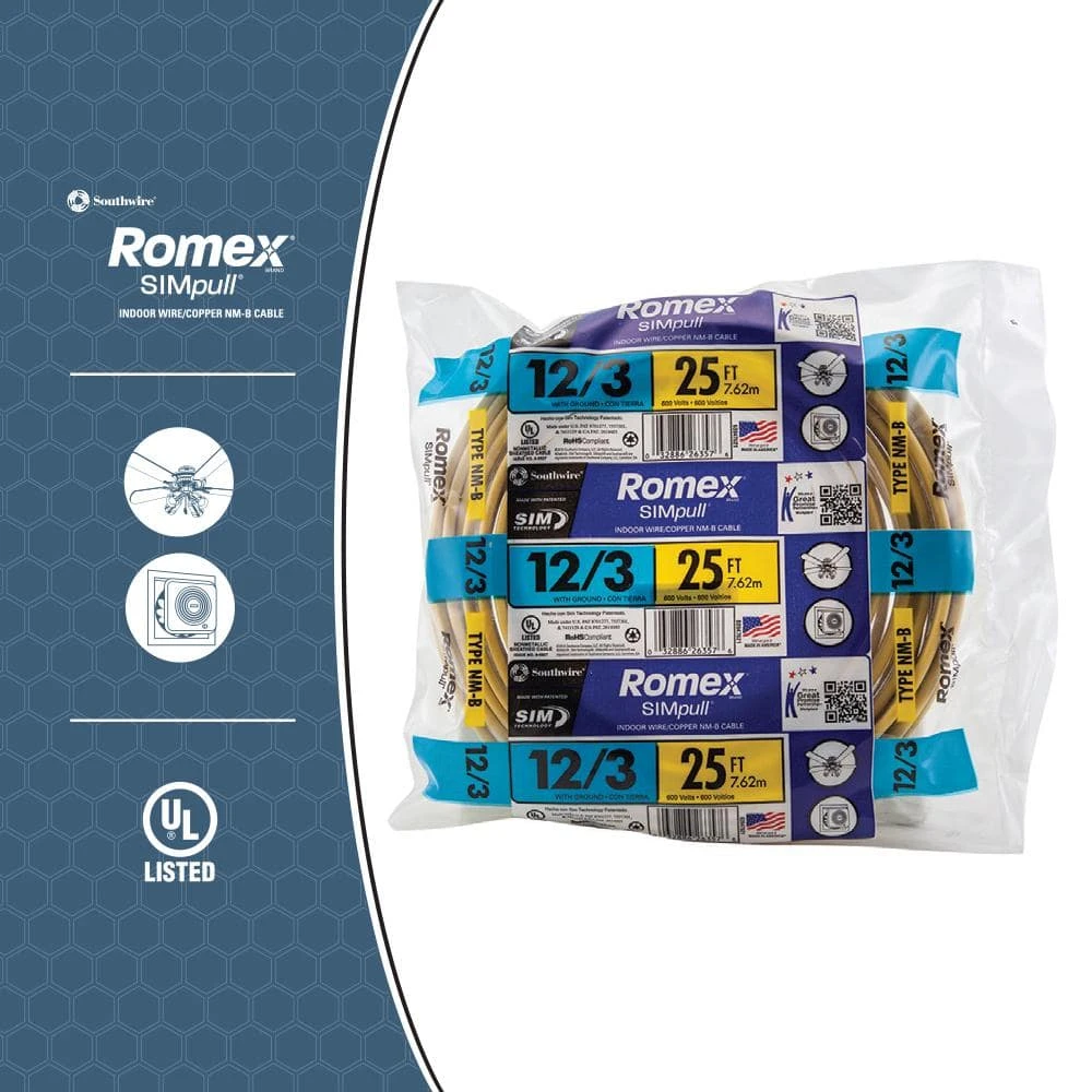 25 ft. 12/3 Solid Romex SIMpull CU NM-B W/G Wire by Southwire 4 25 ft. 12/3 Solid Romex SIMpull CU NM-B W/G Wire by Southwire - Image 4