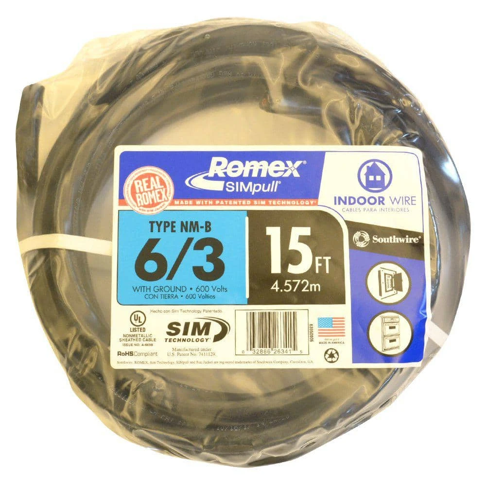 15 ft. 6/3 Black Stranded Romex SIMpull CU NM-B W/G Wire by Southwire 1 15 ft. 6/3 Black Stranded Romex SIMpull CU NM-B W/G Wire by Southwire