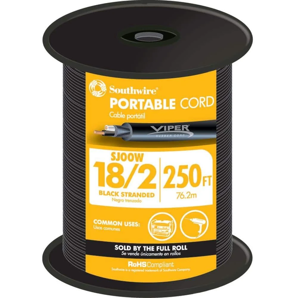 250 ft. 18/2 300-Volt CU Black Flexible Portable Power SJOOW Cord by Southwire 1 250 ft. 18/2 300-Volt CU Black Flexible Portable Power SJOOW Cord by Southwire