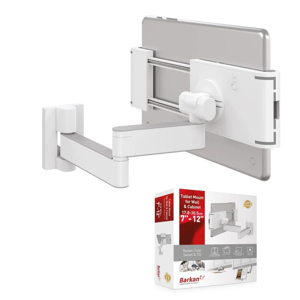 Barkan 7" to 12" Full Motion - 4 Movement Tablet Wall & Cabinet Mount, White, Firm Tablet Clamp, 360° Rotation by Barkan a Better Point of View 1 Barkan 7" to 12" Full Motion - 4 Movement Tablet Wall & Cabinet Mount, White, Firm Tablet Clamp, 360° Rotation by Barkan a Better Point of View