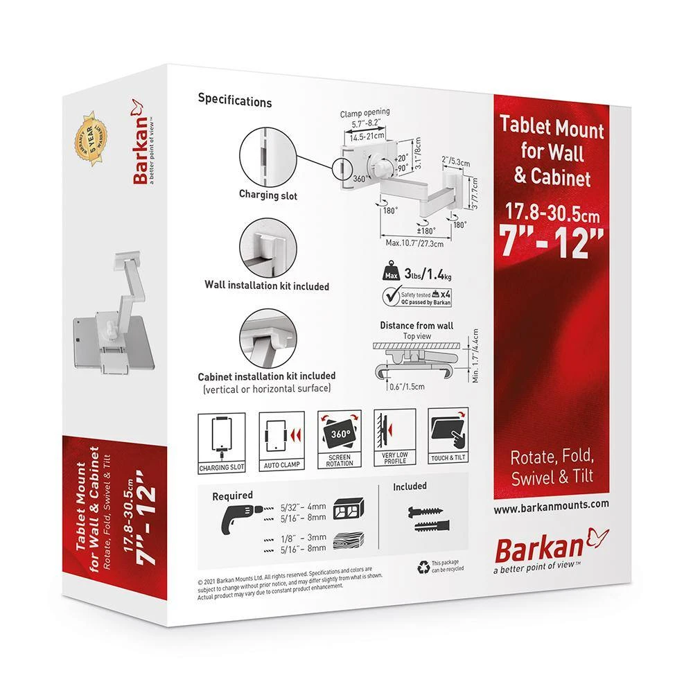 Barkan 7" to 12" Full Motion - 4 Movement Tablet Wall & Cabinet Mount, White, Firm Tablet Clamp, 360° Rotation by Barkan a Better Point of View 4 Barkan 7" to 12" Full Motion - 4 Movement Tablet Wall & Cabinet Mount, White, Firm Tablet Clamp, 360° Rotation by Barkan a Better Point of View - Image 4