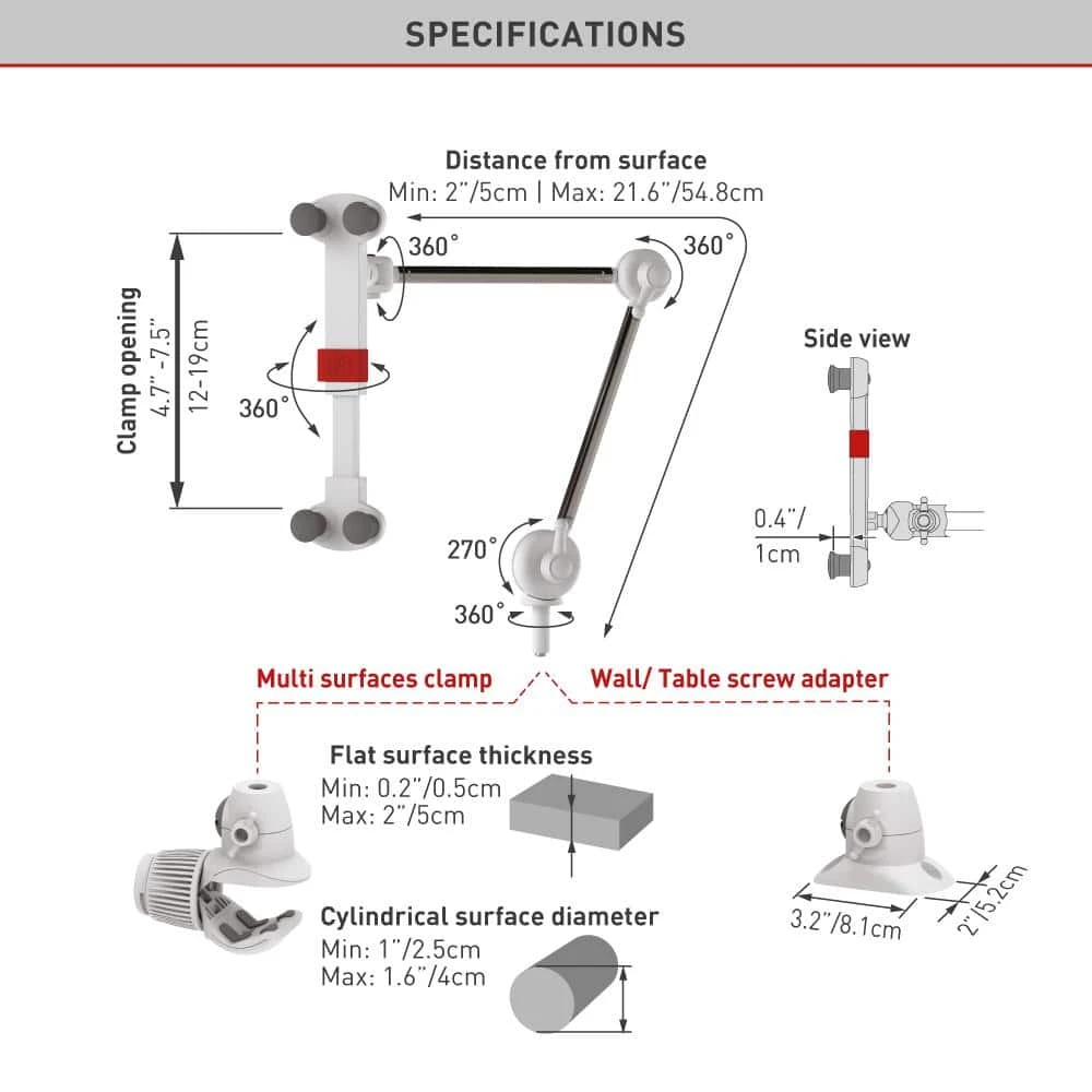 Barkan 4" to 12" Portable, Full-Motion, Multi-Position Smartphone & Tablet Mount, White, Firm Device Clamp by Barkan a Better Point of View 7 Barkan 4" to 12" Portable, Full-Motion, Multi-Position Smartphone & Tablet Mount, White, Firm Device Clamp by Barkan a Better Point of View - Image 7