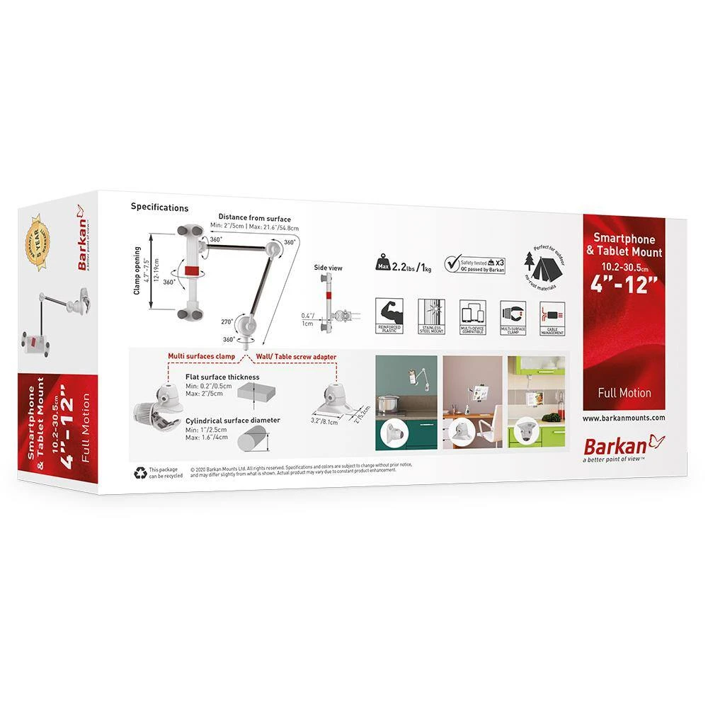 Barkan 4" to 12" Portable, Full-Motion, Multi-Position Smartphone & Tablet Mount, White, Firm Device Clamp by Barkan a Better Point of View 10 Barkan 4" to 12" Portable, Full-Motion, Multi-Position Smartphone & Tablet Mount, White, Firm Device Clamp by Barkan a Better Point of View - Image 10