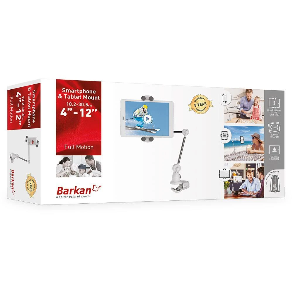 Barkan 4" to 12" Portable, Full-Motion, Multi-Position Smartphone & Tablet Mount, White, Firm Device Clamp by Barkan a Better Point of View 9 Barkan 4" to 12" Portable, Full-Motion, Multi-Position Smartphone & Tablet Mount, White, Firm Device Clamp by Barkan a Better Point of View - Image 9