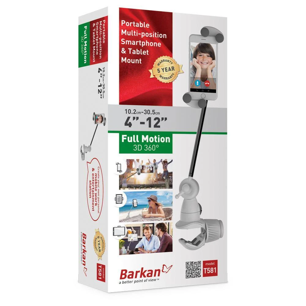 Barkan 4" to 12" Portable, Full-Motion, Multi-Position Smartphone & Tablet Mount, White, Firm Device Clamp by Barkan a Better Point of View 6 Barkan 4" to 12" Portable, Full-Motion, Multi-Position Smartphone & Tablet Mount, White, Firm Device Clamp by Barkan a Better Point of View - Image 6